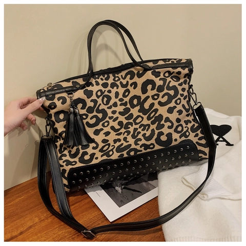 Large Capacity Leopard Print Canvas Tote Bag With PU Leather Trim Rivet Studded Handbag For Women Shoulder Crossbody