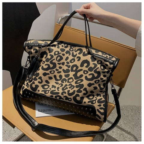 Large Capacity Leopard Print Canvas Tote Bag With PU Leather Trim Rivet Studded Handbag For Women Shoulder Crossbody