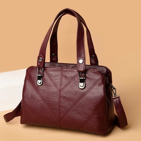 Large Capacity Women Handbag PU Leather V-Stitched Retro Shoulder Crossbody Bag With Detachable Strap Casual