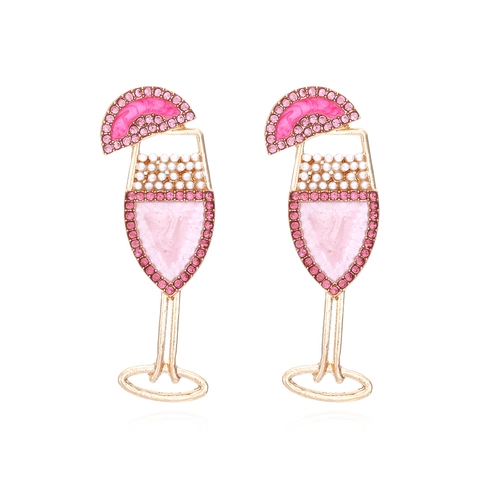 Kreative Cocktailglas Ohrhänger Legierung Emaille Strass Künstliche Perle Rosa Gold Mode Schmuck Für Frauen Mädchen