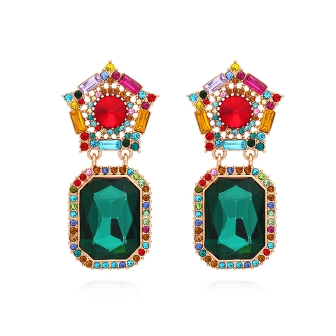 Retro Luxury Alloy Rhinestone Star Geometric Dangle Earrings Women Colorful Emerald Cut Jewelry Accessory