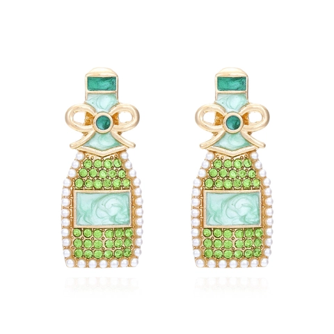Wine Bottle Dangle Earrings With Alloy Green Enamel Rhinestone Faux Artificial Pearl Bowknot Cute Fashion Jewelry For Women