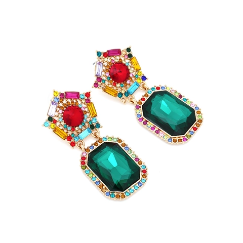Retro Luxury Alloy Rhinestone Star Geometric Dangle Earrings Women Colorful Emerald Cut Jewelry Accessory