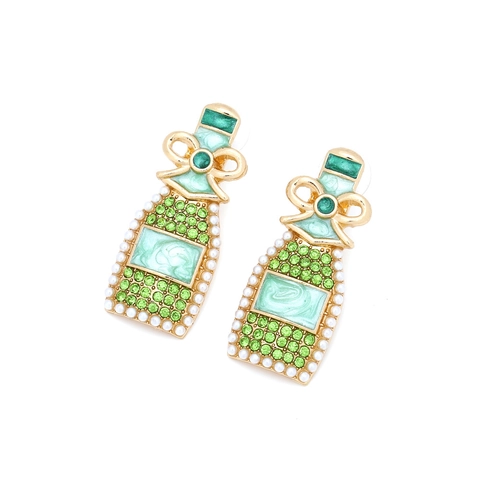 Wine Bottle Dangle Earrings With Alloy Green Enamel Rhinestone Faux Artificial Pearl Bowknot Cute Fashion Jewelry For Women