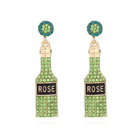 Green Rhinestone Wine Bottle Drop Earrings Golden Alloy Enamel Champagne Dangle Jewelry Fun Accessory For Women