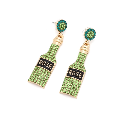 Green Rhinestone Wine Bottle Drop Earrings Golden Alloy Enamel Champagne Dangle Jewelry Fun Accessory For Women
