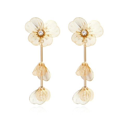 Pendientes Largos De Flores De Metal Huecas Color Dorado Aleación Brillantes Joyería Elegante Para Mujer