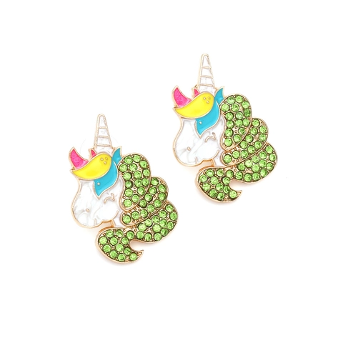 Orecchini A Lobo Unicorno Cartone Animato Smalto Colorato Lega Intarsiata Strass Verdi Accessori Gioielli Per Donna