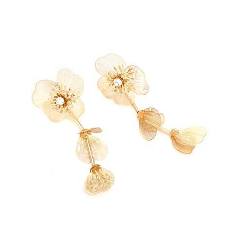 Pendientes Largos De Flores De Metal Huecas Color Dorado Aleación Brillantes Joyería Elegante Para Mujer