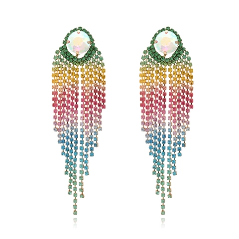 Exaggerated Long Tassel Dangle Earrings Alloy Gradient Colorful Rhinestone Glamorous Banquet Party Evening Jewelry Women