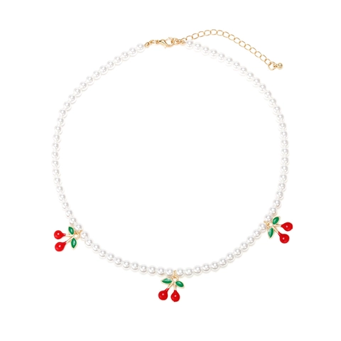 Collier De Künstliche Perles D'imitation Doux Avec Pendentif Cerise Fait À La Main Alliage De Zinc Émail Ajustable Pour Femmes