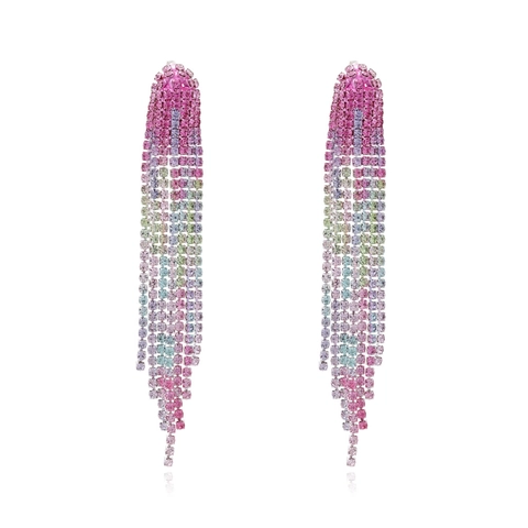 Colorful Gradient Rhinestone Long Tassel Earrings Luxury Fashion Metal Claw Chain Dangle Ear Jewelry For Women