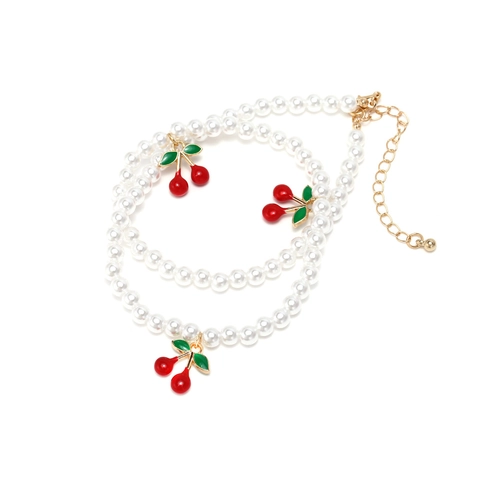 Collier De Künstliche Perles D'imitation Doux Avec Pendentif Cerise Fait À La Main Alliage De Zinc Émail Ajustable Pour Femmes