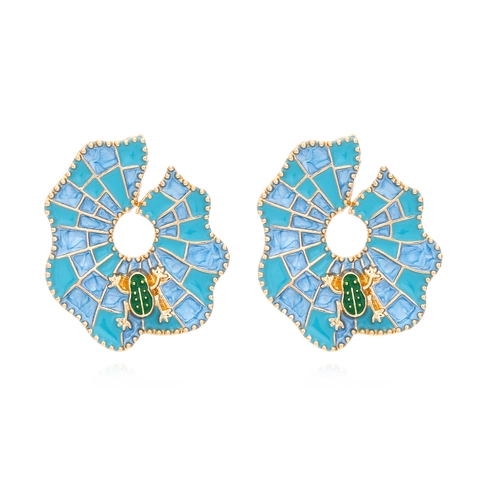 Creative Lotus Leaf Frog Stud Earrings Enamel Alloy Drip Oil Grid Texture Animal Theme Jewelry For Women