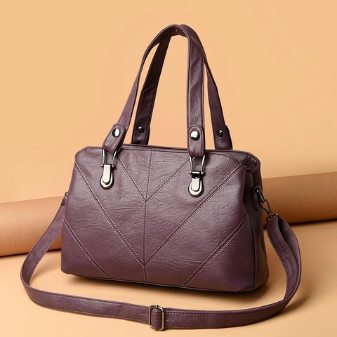 Large Capacity Women Handbag PU Leather V-Stitched Retro Shoulder Crossbody Bag With Detachable Strap Casual