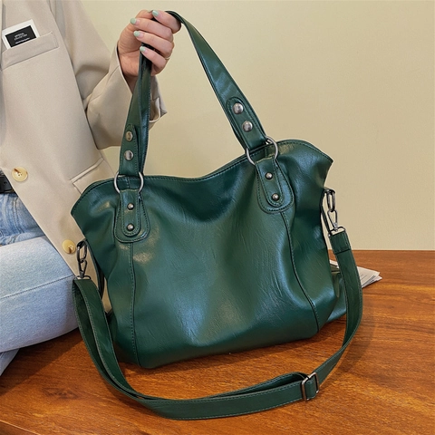 Large Tote Bag PU Leather Litchi Texture Women Shoulder Crossbody Handbag With Rivets Metal Rings For Office Commuting