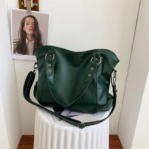 Large Tote Bag PU Leather Litchi Texture Women Shoulder Crossbody Handbag With Rivets Metal Rings For Office Commuting