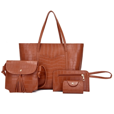 Women Fashion Bag Set Crocodile Embossed PU Leather Tote Shoulder Bag Crossbody Purse Wristlet Clutch Wallet Handbag
