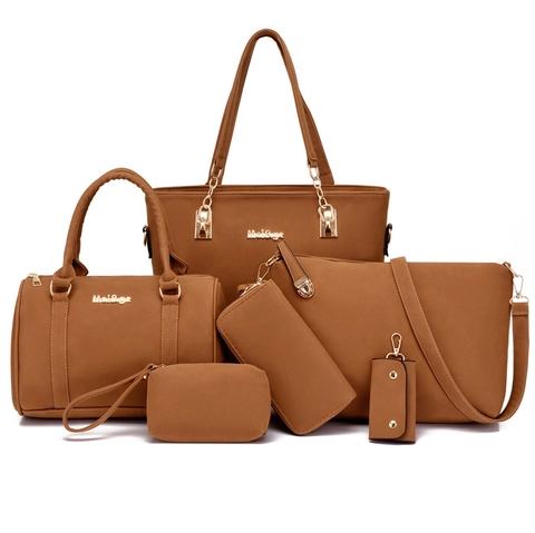 Juego De Bolsos Para Mujer Gran Capacidad Bolso De Mano Bandolera Cartera Neceser Y Llavero De Cuero PU Moda Simple Bolso De Hombro Diario