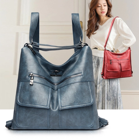 Women Large Capacity PU Leather Multi Purpose Shoulder Bag Backpack Elegant Litchi Texture Commuter Bag For Ladies