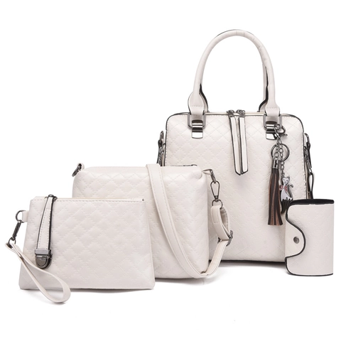 Gesteppte PU Leder Tote Umhängetasche Clutch Und Kartenhalter Für Damen Mode Raute Handtasche Mit Quaste Katzenanhänger
