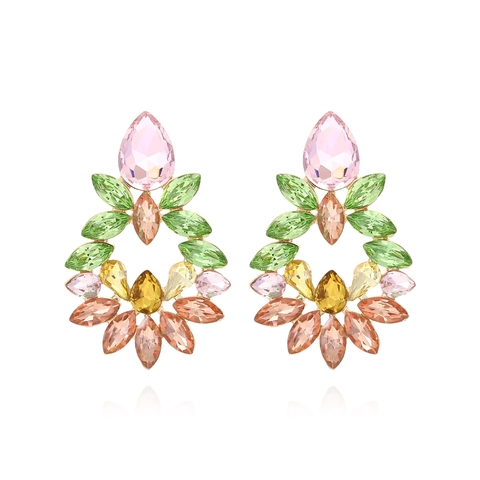 Oversized Colorful Rhinestone Floral Drop Earrings For Women Luxury Multicolored Crystal Flower Alloy Statement Jewelry