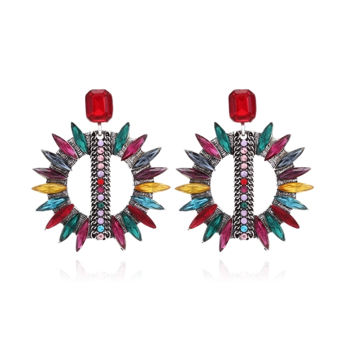 Orecchini Pendenti Bohémien Vintage In Lega Argentata Con Strass Multicolore Stile Girasole Geometrico Per Donna