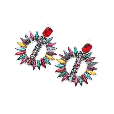 Orecchini Pendenti Bohémien Vintage In Lega Argentata Con Strass Multicolore Stile Girasole Geometrico Per Donna