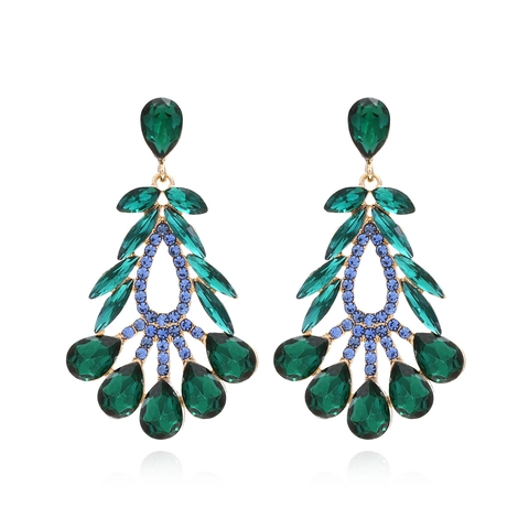 Vintage Leaf Statement Dangle Earrings Alloy Emerald Green Water Drop Rhinestone Light Blue Crystal Floral Jewelry