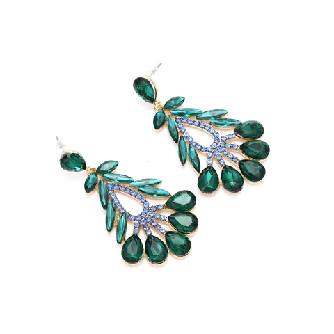 Vintage Leaf Statement Dangle Earrings Alloy Emerald Green Water Drop Rhinestone Light Blue Crystal Floral Jewelry