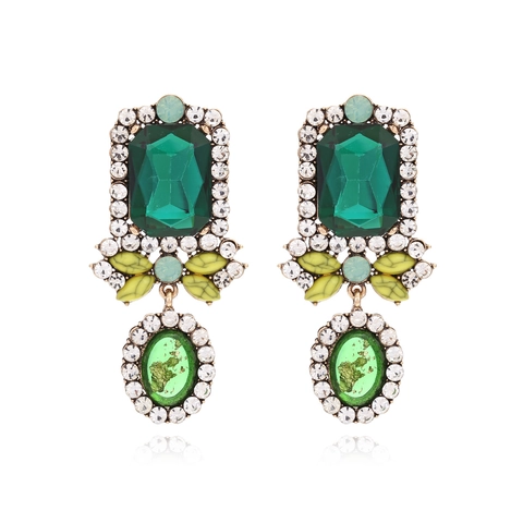 Vintage Emerald Green Glass Alloy Earrings With Rhinestones Baroque Geometric Palace Style Drop Earrings For Women