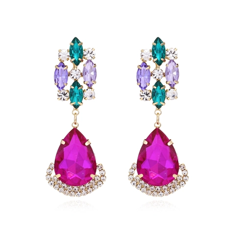 Orecchini Pendenti Fiore Bohemien Strass Colorati Lega Dorata Vintage Gioielli Festa Donna