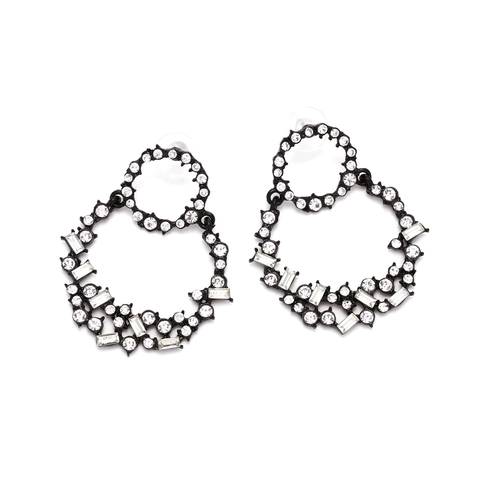 Geometrische Dubbele Ring Hangende Oorbellen Met Legering En Strass Vintage Boheemse Stijl Voor Dames Gunblack