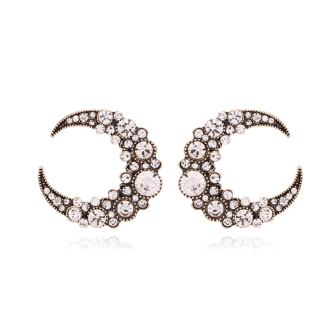 Boucles D'oreilles Puces Croissant De Lune Rétro Pour Femmes Finition Or Antique Pavé De Strass Style Vintage