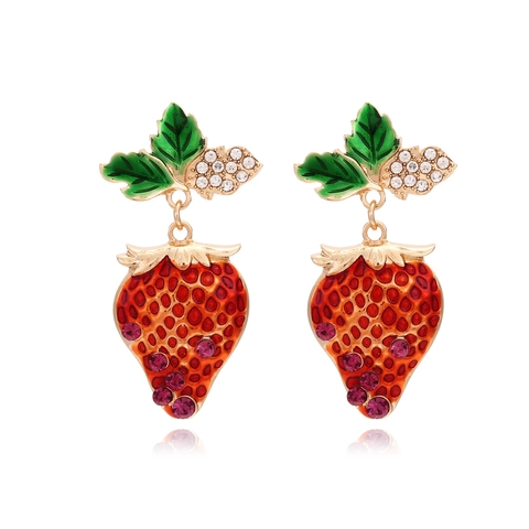 Erdbeere Frucht Ohrhänger Legierung Emaille Strass Süße Blatt Schmuck Für Frauen