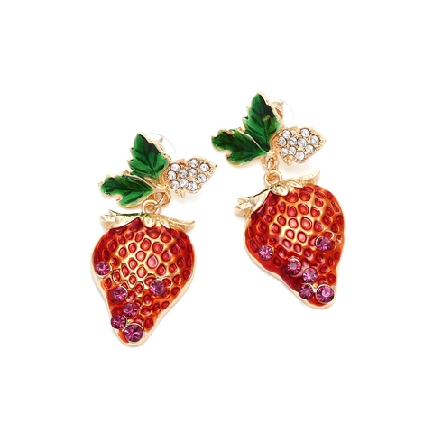 Erdbeere Frucht Ohrhänger Legierung Emaille Strass Süße Blatt Schmuck Für Frauen