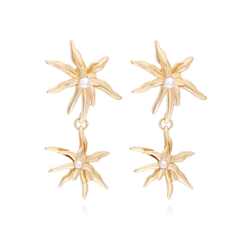 Vintage Gold Tone Alloy Double Flower Drop Earrings With Faux Artificial Pearl For Women Retro Design Floral Jewelry
