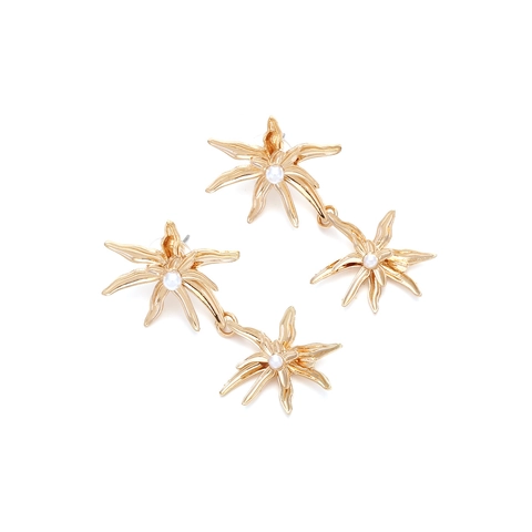 Vintage Gold Tone Alloy Double Flower Drop Earrings With Faux Artificial Pearl For Women Retro Design Floral Jewelry