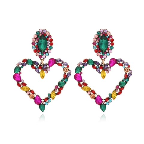 Kleurrijke Stras Hart Drop Oorbellen Vintage Goud Legering Ingelegd Kristal Statement Sieraden Voor Vrouwen Feest