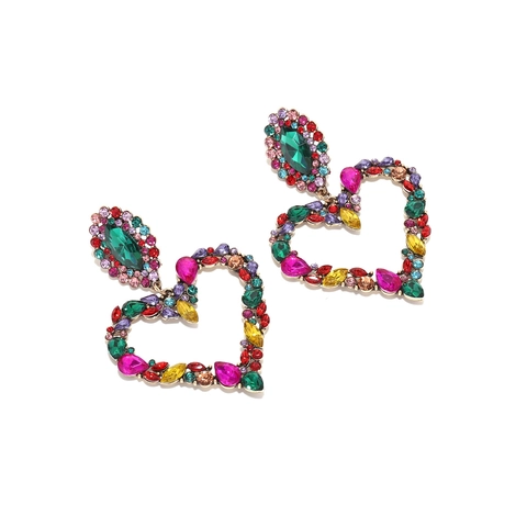 Kleurrijke Stras Hart Drop Oorbellen Vintage Goud Legering Ingelegd Kristal Statement Sieraden Voor Vrouwen Feest