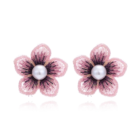 Geborduurde Bloem Oorknopjes Roze Paars Gradiënt Kant Stof Met Imitatieparel Zoete Romantische Sieraden Voor Dames