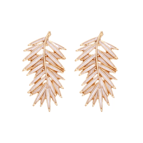 Enamel Tropical Palm Leaf Stud Earrings Alloy Gold Tone Natural Texture Fashion Elegant Vacation Jewelry For Women