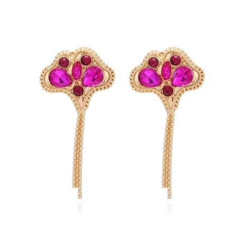 Vintage Goldene Blattform Quaste Ohrhänger Legierung Rose Rot Strass Eleganter Schmuck Für Frauen Hängende Accessoires