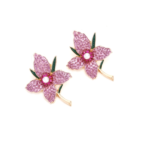 Purple Enamel Flower Stud Earrings With Imitation Artificial Pearl And Rhinestone Elegant Floral Alloy Jewelry For Women