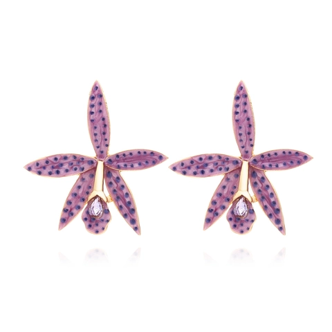 Alloy Enamel Orchid Flower Stud Earrings With Spotted Texture And Teardrop Zircon Elegant Vintage Jewelry For Women