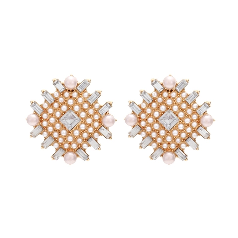 Pendientes De Botón Cuadrados Con Diamantes De Imitación Y Perlas Artificiales Artificiales Joyería Geométrica Retro De Lujo Para Mujer Poste De Acero Inoxidable