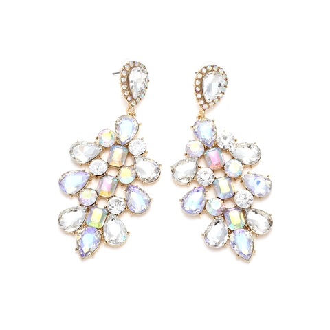 Boucles Oreilles Pendantes Fleur Rétro Alliage Zinc Verre Strass Coloré AB Iridescent Long Exagéré Bijoux Fête Femmes