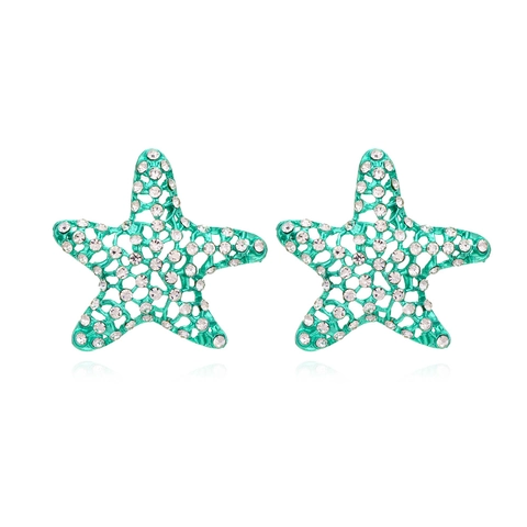 Starfish Alloy Rhinestone Stud Earrings Hollow Lacquer Teal Green Ocean Summer Beach Vacation Jewelry For Women