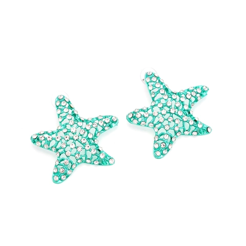 Starfish Alloy Rhinestone Stud Earrings Hollow Lacquer Teal Green Ocean Summer Beach Vacation Jewelry For Women