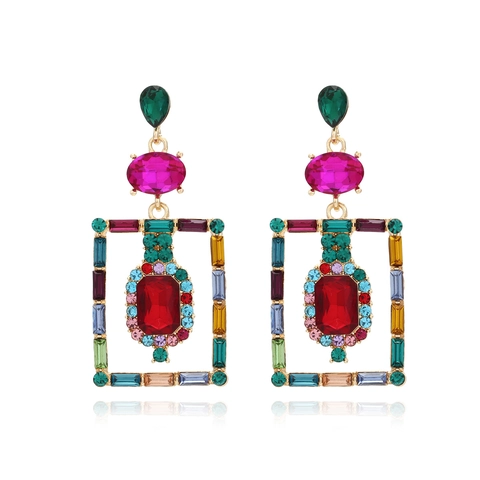 Vintage Court Style Geometric Rectangle Drop Earrings Colorful Rhinestone Zinc Alloy Inlay For Women Fashion Statement